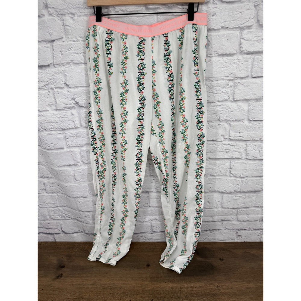 Victorias Secret Floral Logo Stripe Pajama Pants White Pink Cotton Joggers M